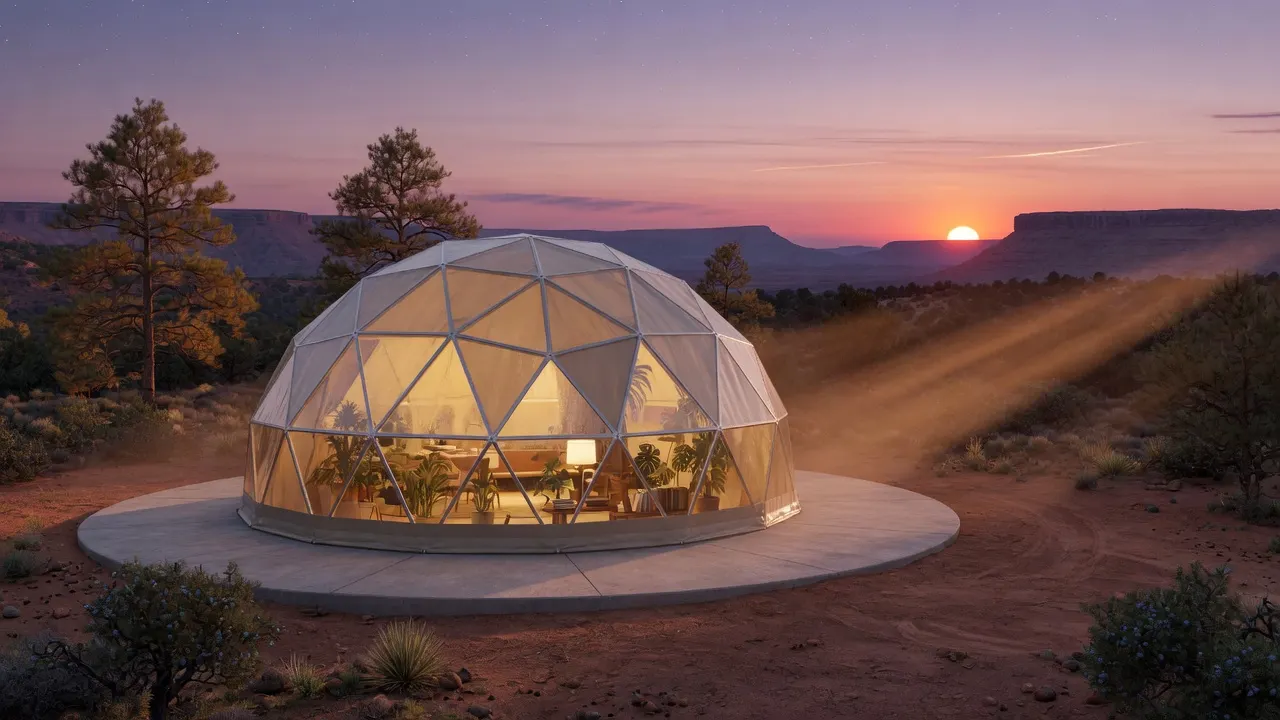 Glass dome lit from inside at dusk